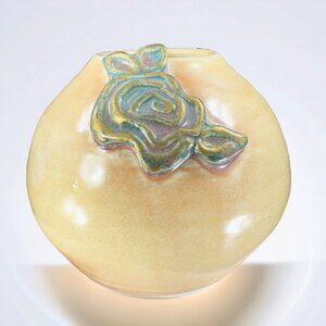 Hand Made Studio Art Pottery Round Bud Vase Artist Signed Yellow With Rose VTG